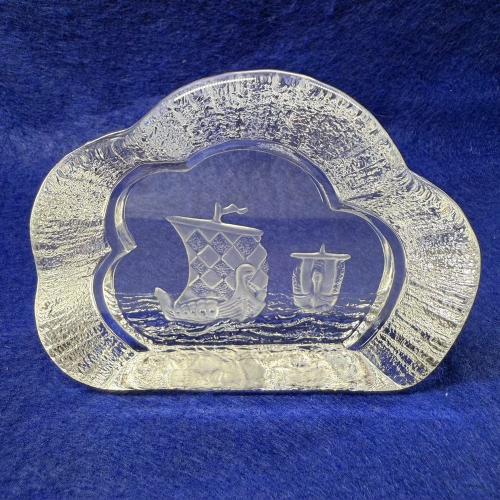 Vintage Nybro Sweden Crystal Art Glass Paperweight, Viking Ships